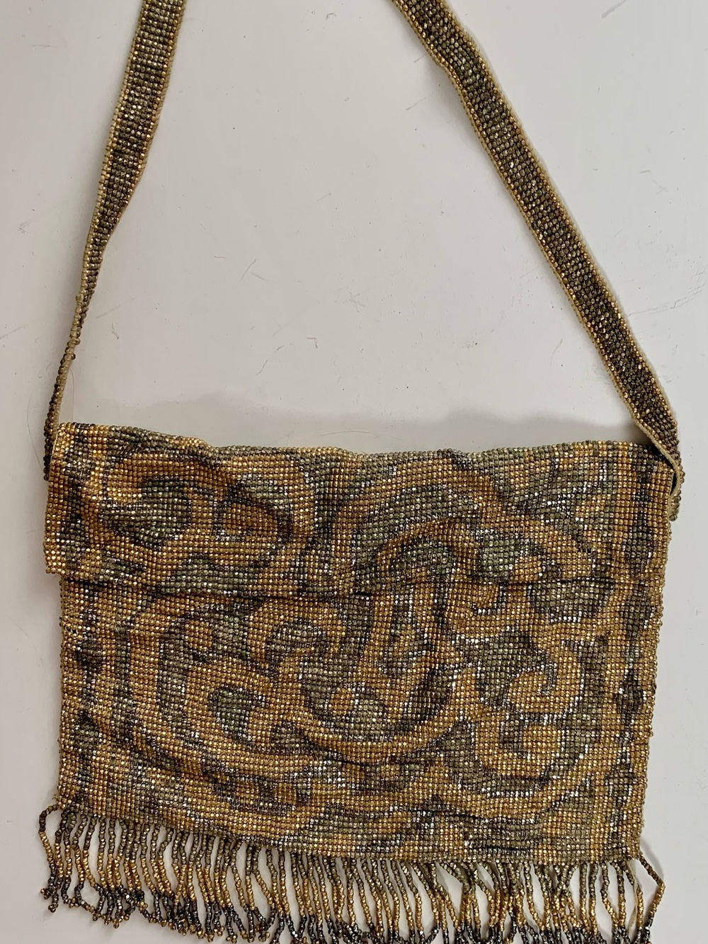 Antique 1920s Art Deco Steel-Cut Micro Beaded Flap Purse Geometric Scroll